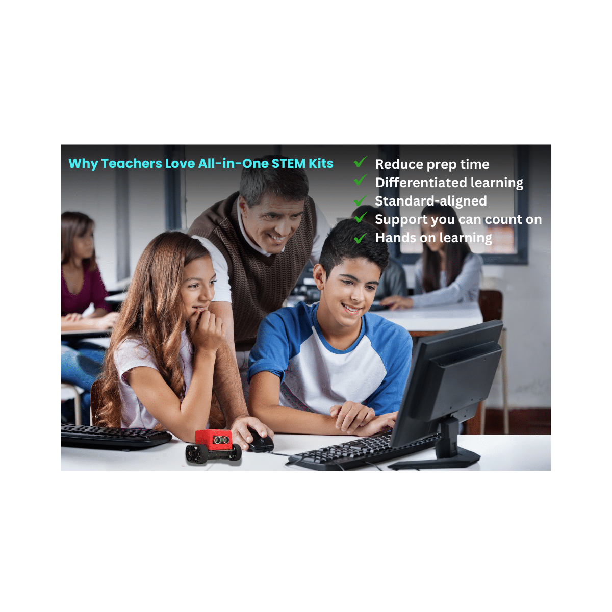 Teacher using an all-in-one STEM kit in the classroom with students coding and building robots