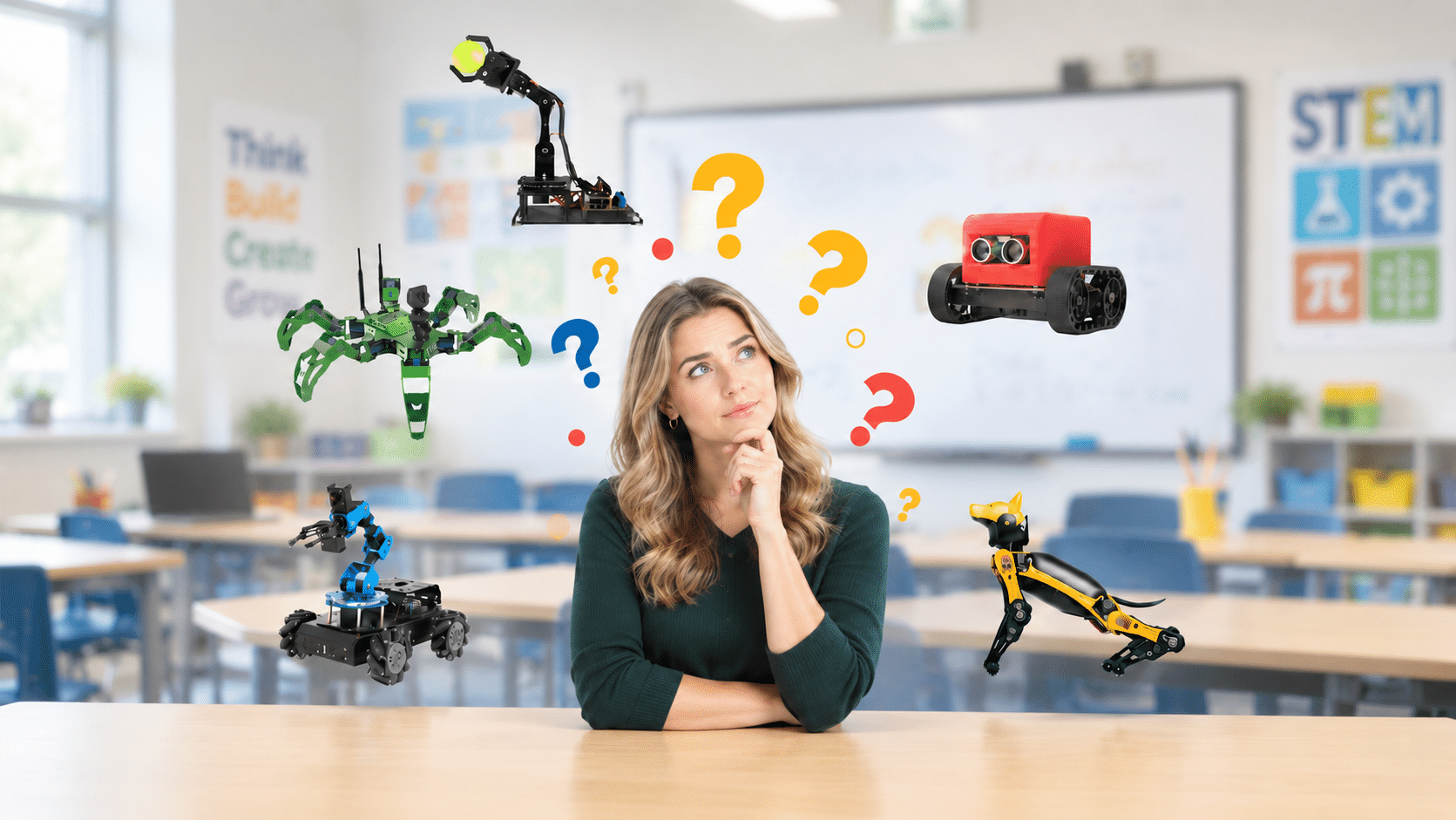 Students using educational robots for STEM learning, coding, engineering, AI, and autonomous robotics in the classroom.