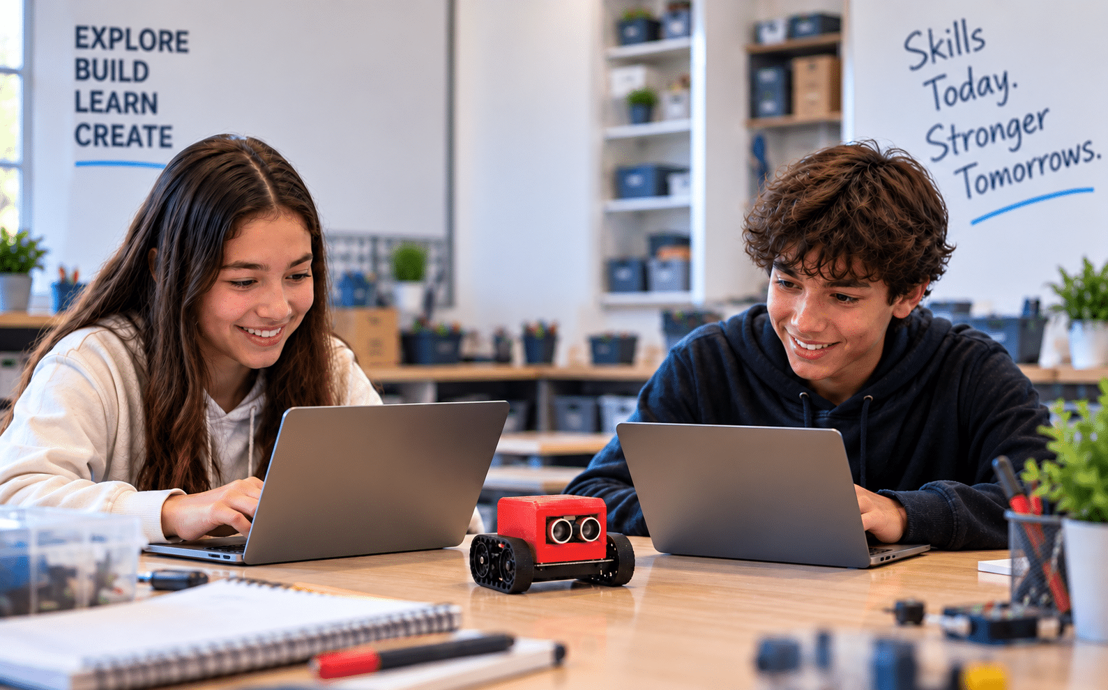 Students learning block coding and Python programming through hands-on robotics activities in a STEM classroom.